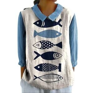 NWOT ~ Blue & White Fish Blouse ~ Women's Size MEDIUM